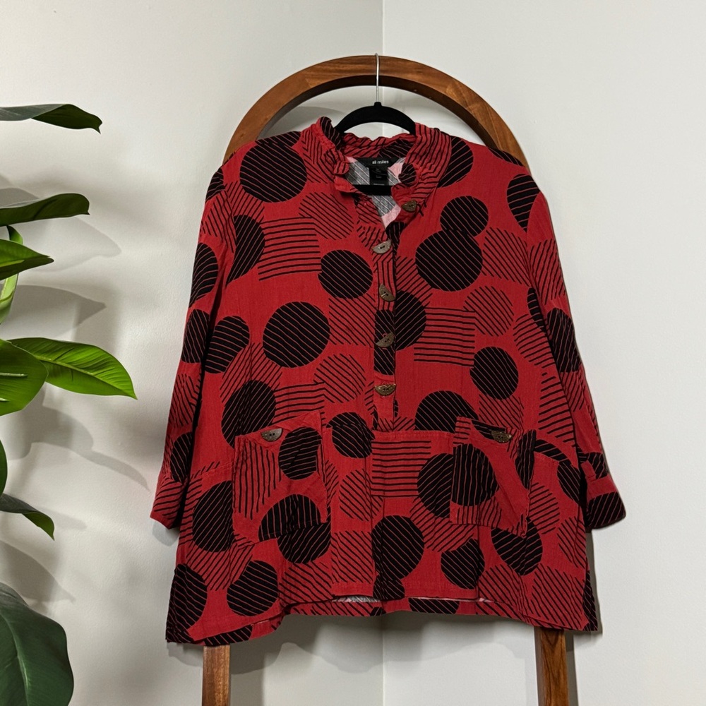 Ali Miles XL Red Black Geometric Button Pockets Lagenlook Blouse